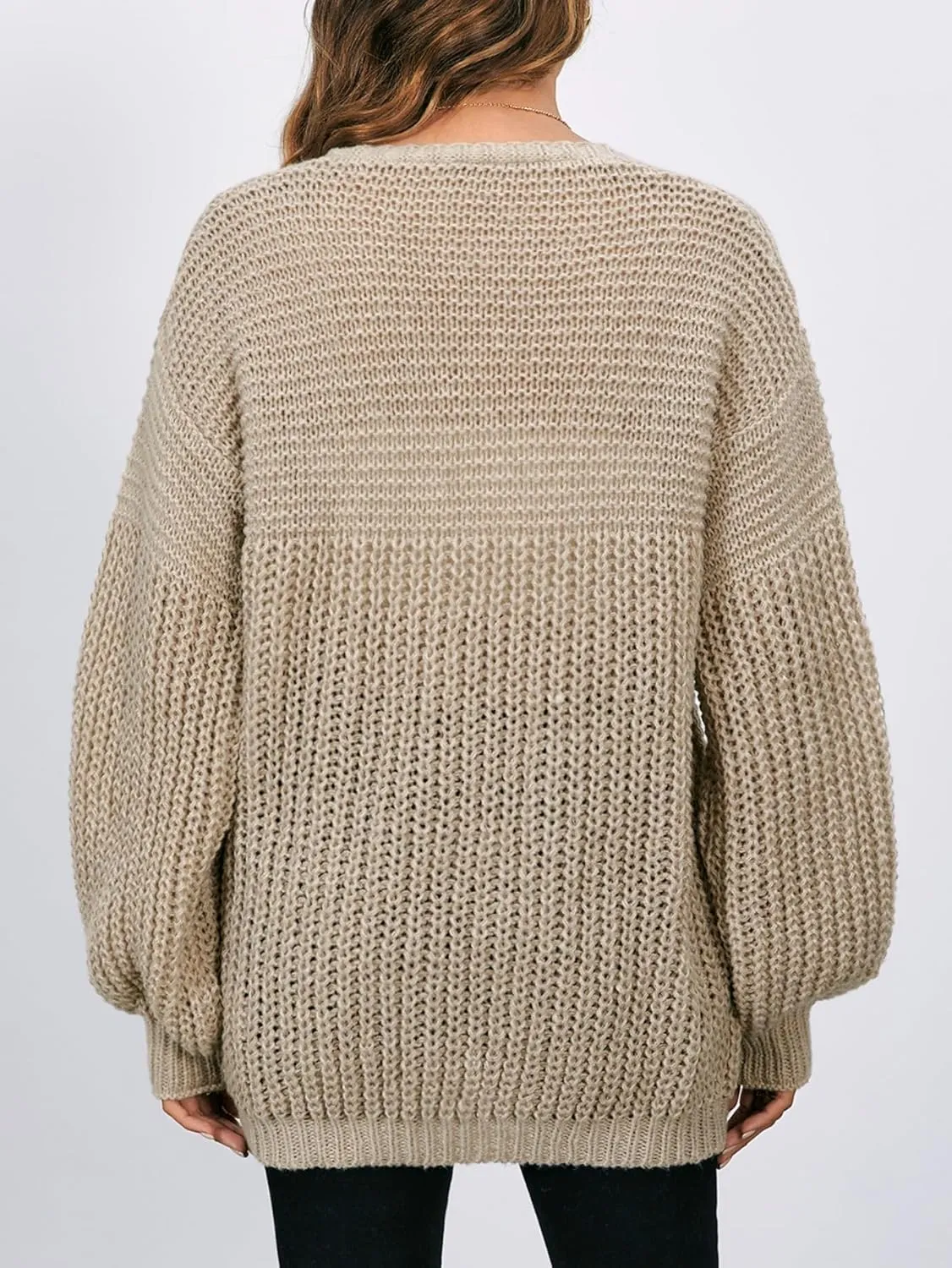 MakeMeChic Women's Chunky Knit Cardigan Open Front Casual Lantern Long Sleeve Sweaters