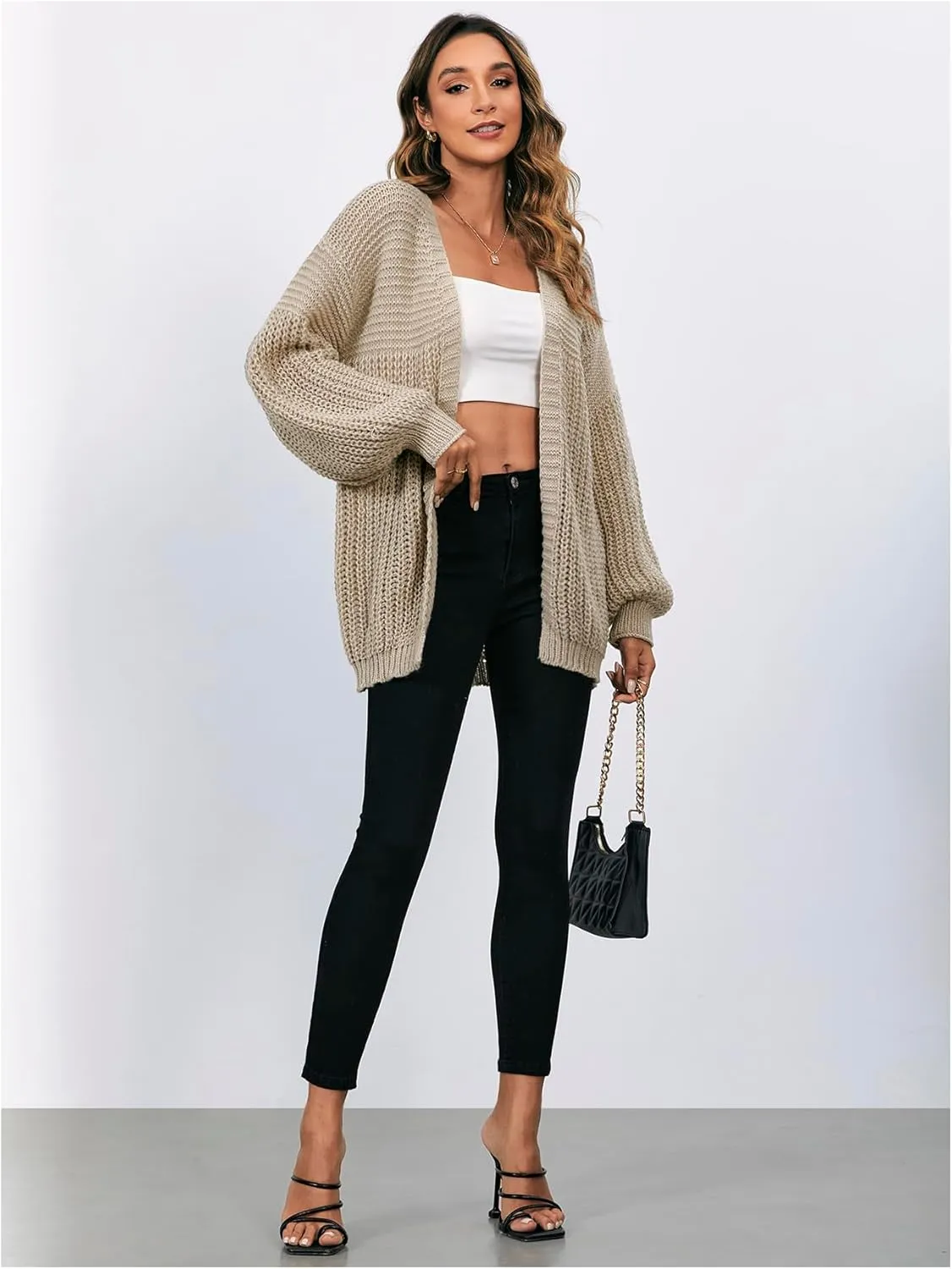 MakeMeChic Women's Chunky Knit Cardigan Open Front Casual Lantern Long Sleeve Sweaters