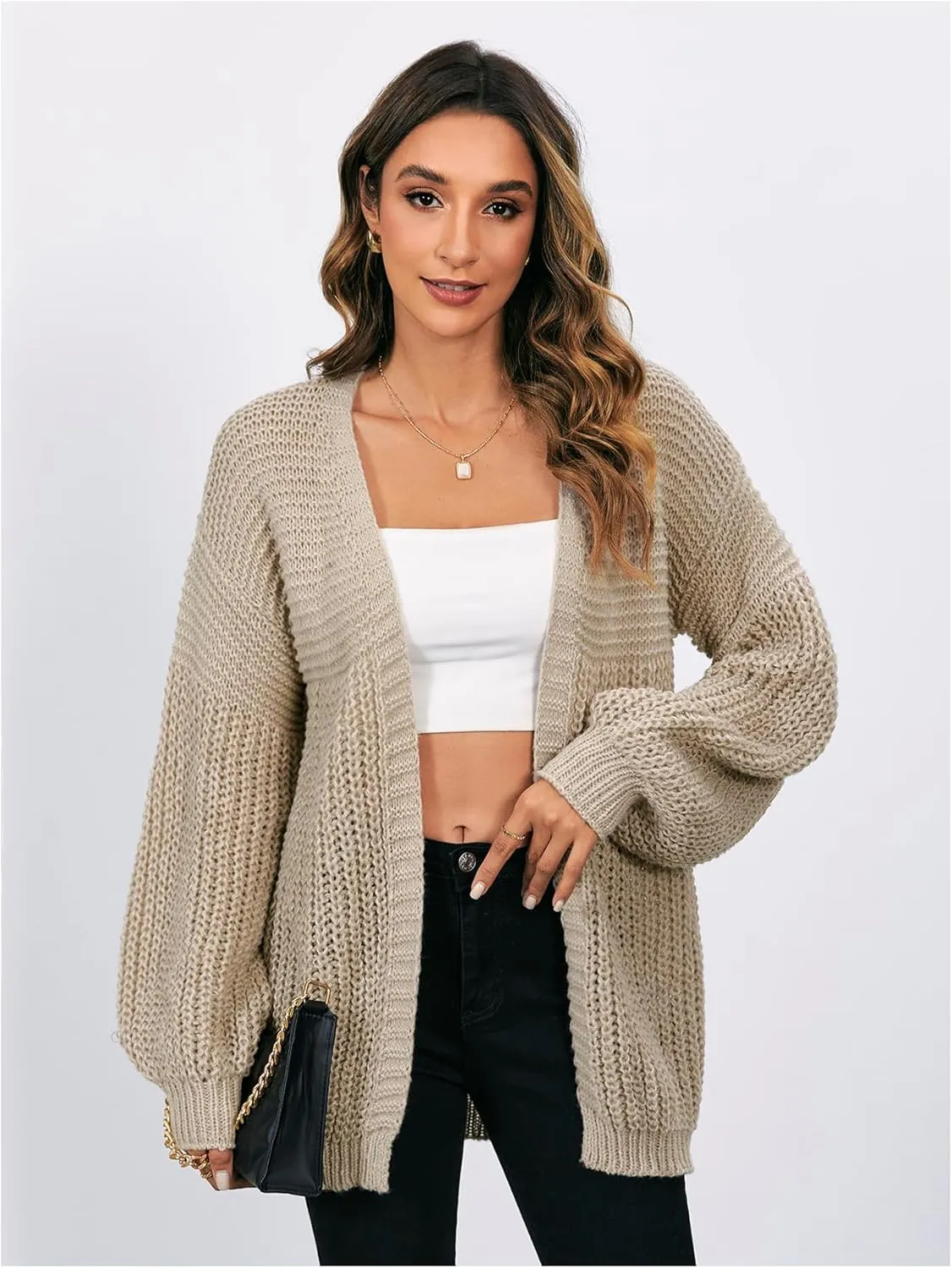 MakeMeChic Women's Chunky Knit Cardigan Open Front Casual Lantern Long Sleeve Sweaters