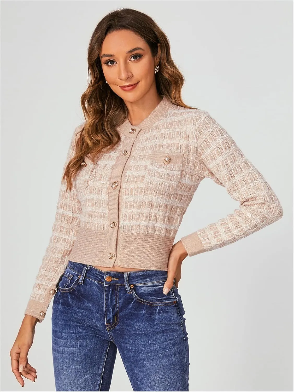 MakeMeChic Women's Cropped Cardigan Pearl Button Down Knit Open Front Sweaters Outerwear