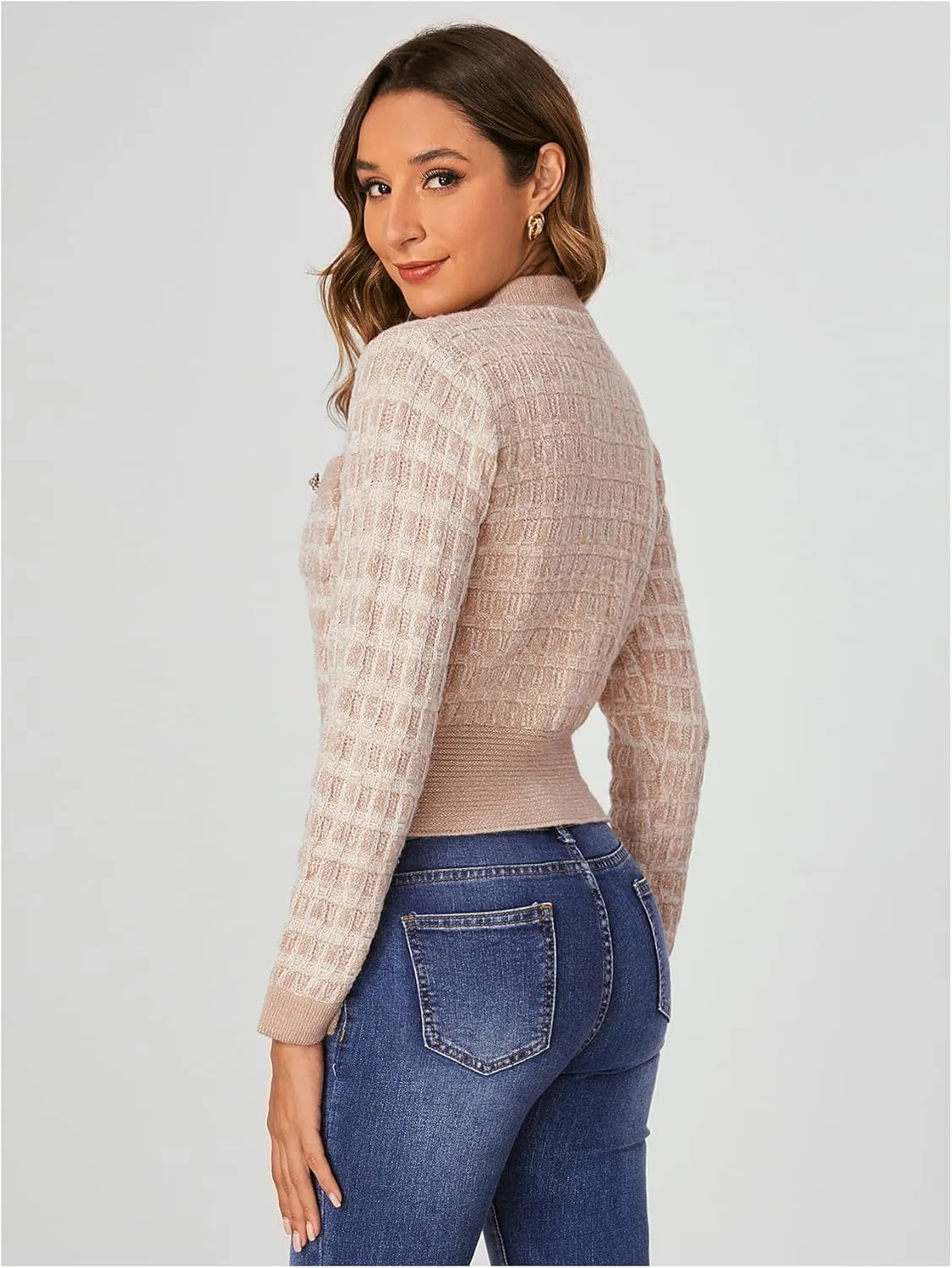 MakeMeChic Women's Cropped Cardigan Pearl Button Down Knit Open Front Sweaters Outerwear