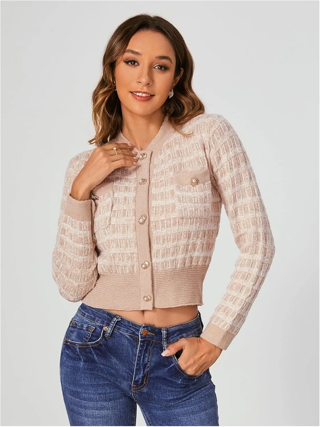 MakeMeChic Women's Cropped Cardigan Pearl Button Down Knit Open Front Sweaters Outerwear