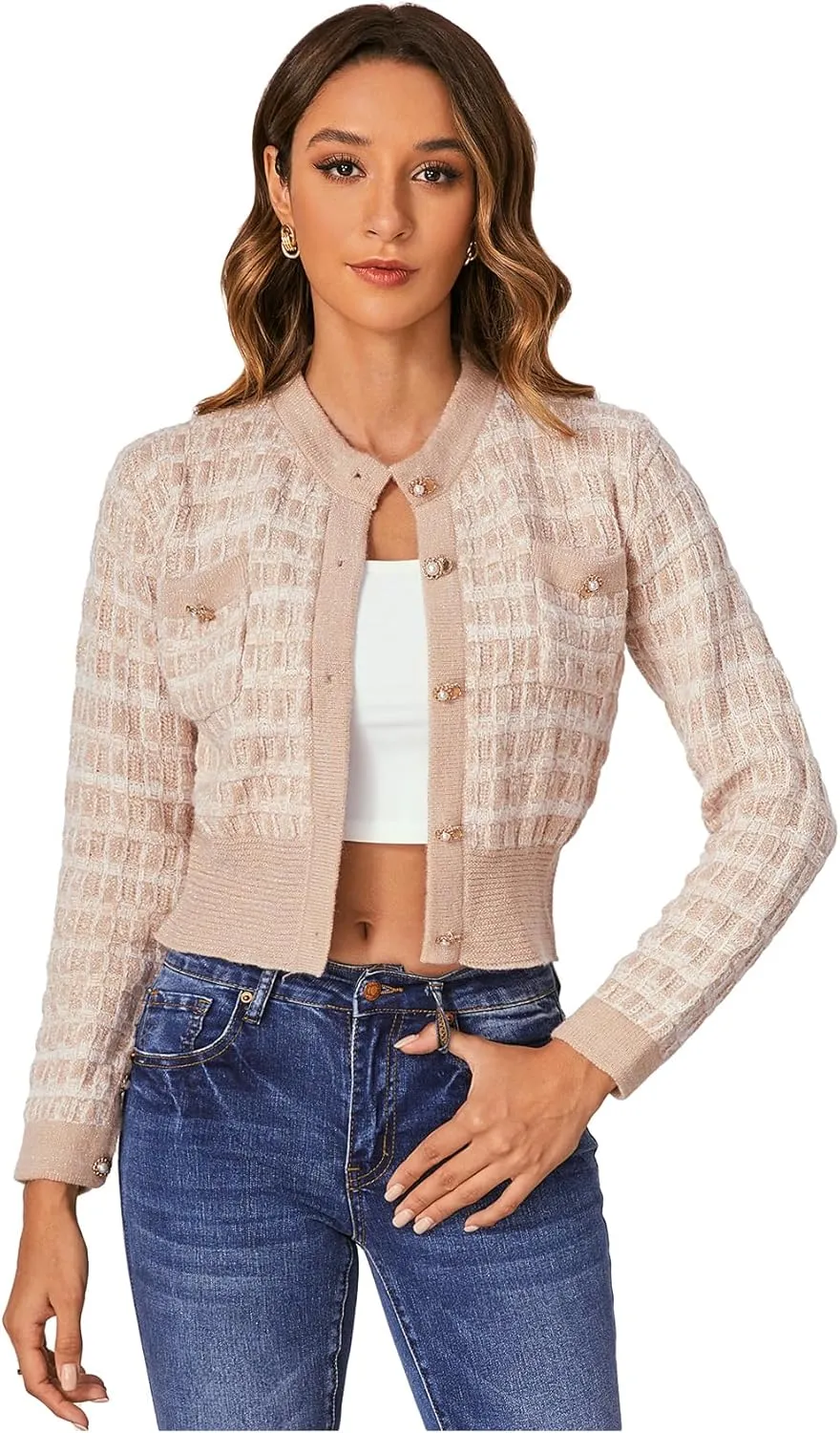 MakeMeChic Women's Cropped Cardigan Pearl Button Down Knit Open Front Sweaters Outerwear