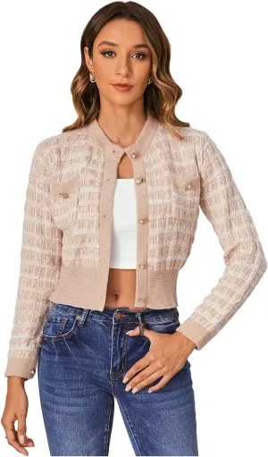 MakeMeChic Women's Cropped Cardigan Pearl Button Down Knit Open Front Sweaters Outerwear