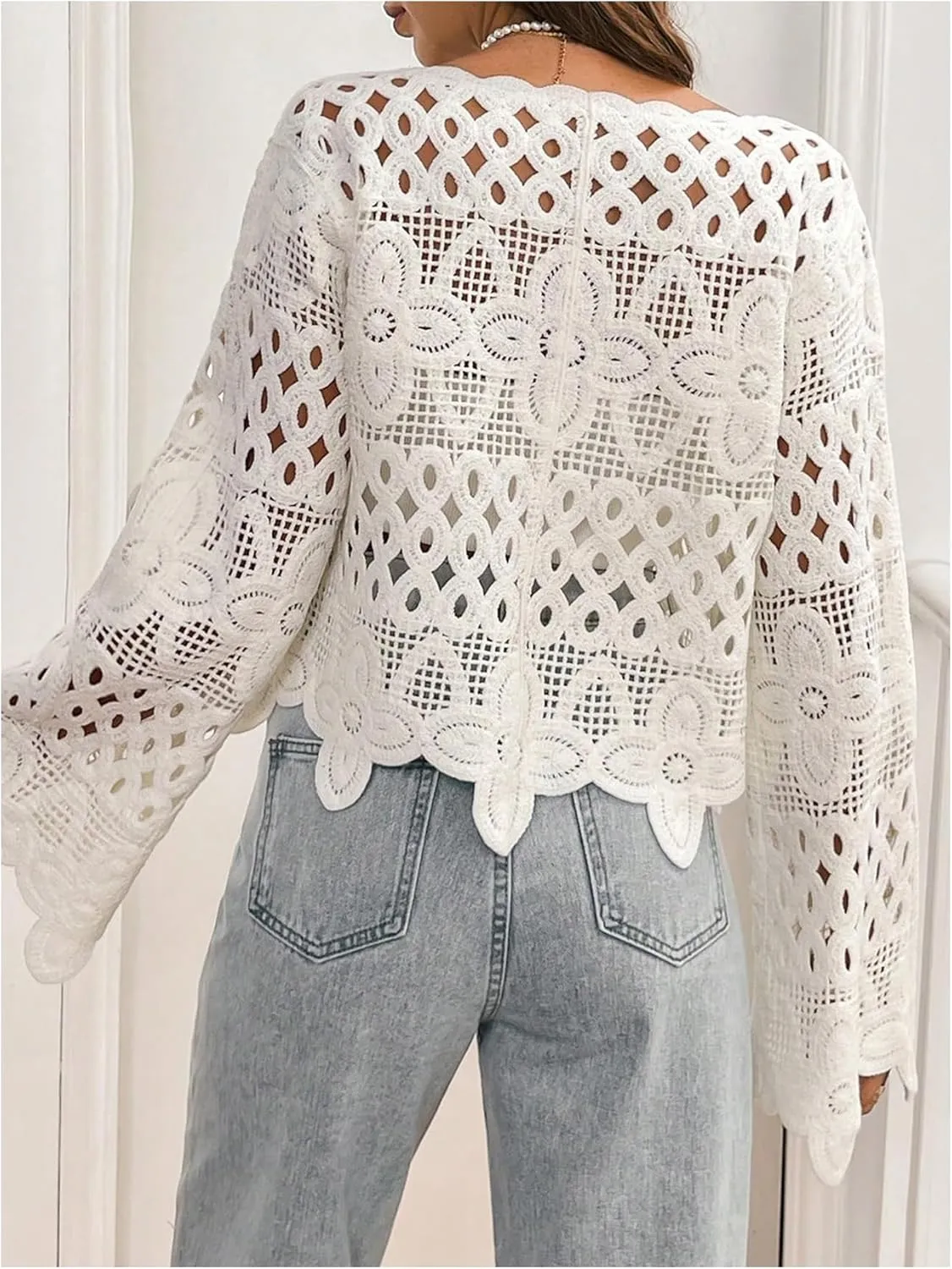 MakeMeChic Women's Floral Hollow Out Button Down Cardigan Bell Sleeve Crew Neck Sweaters