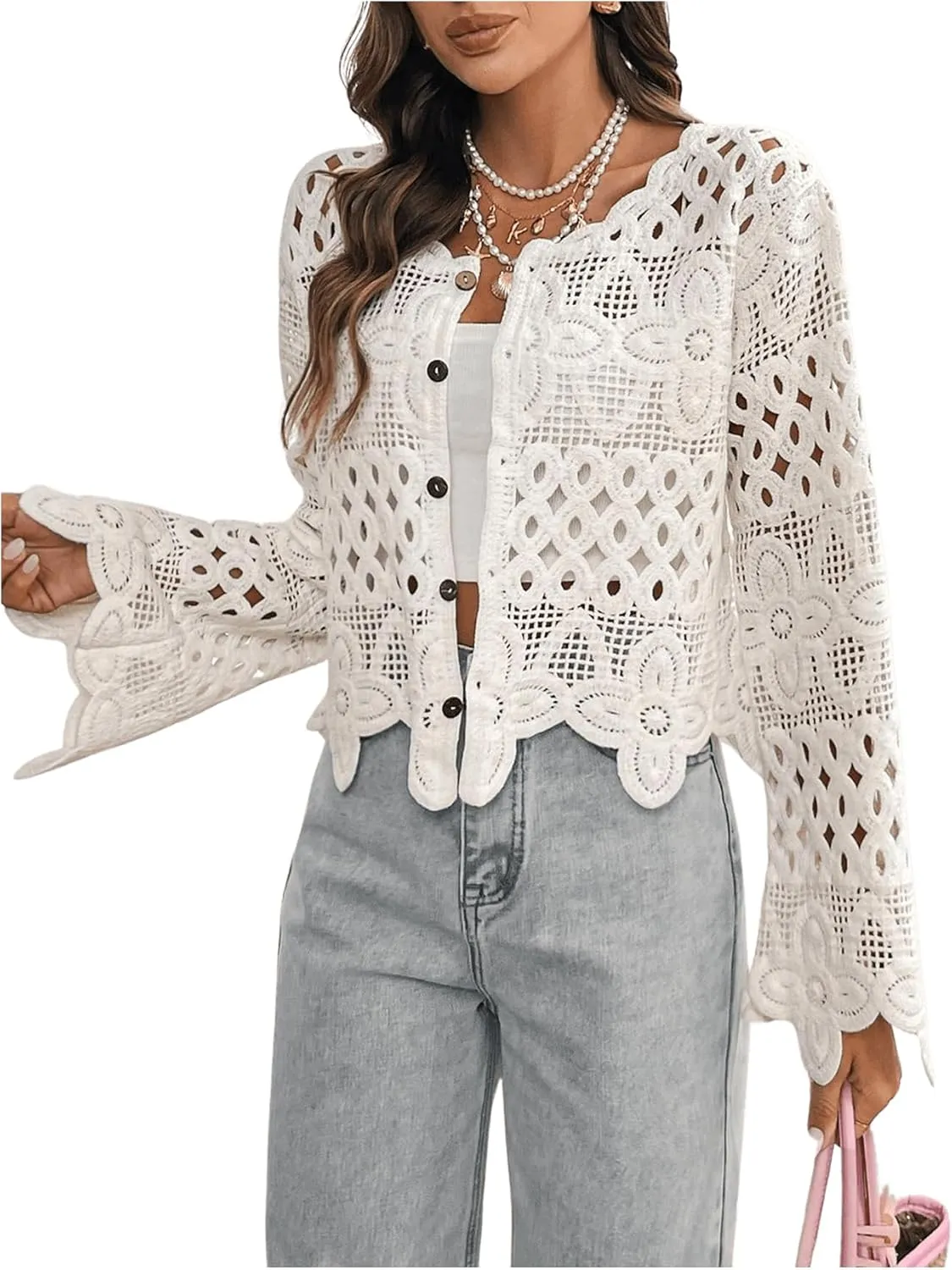 MakeMeChic Women's Floral Hollow Out Button Down Cardigan Bell Sleeve Crew Neck Sweaters