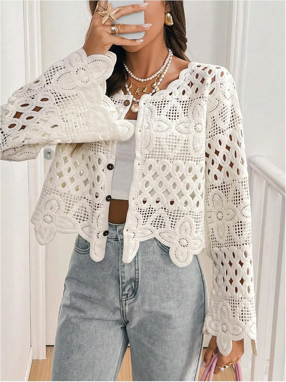 MakeMeChic Women's Floral Hollow Out Button Down Cardigan Bell Sleeve Crew Neck Sweaters