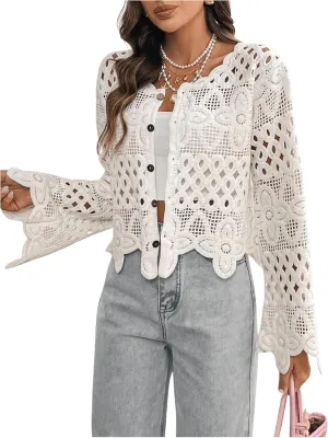 MakeMeChic Women's Floral Hollow Out Button Down Cardigan Bell Sleeve Crew Neck Sweaters