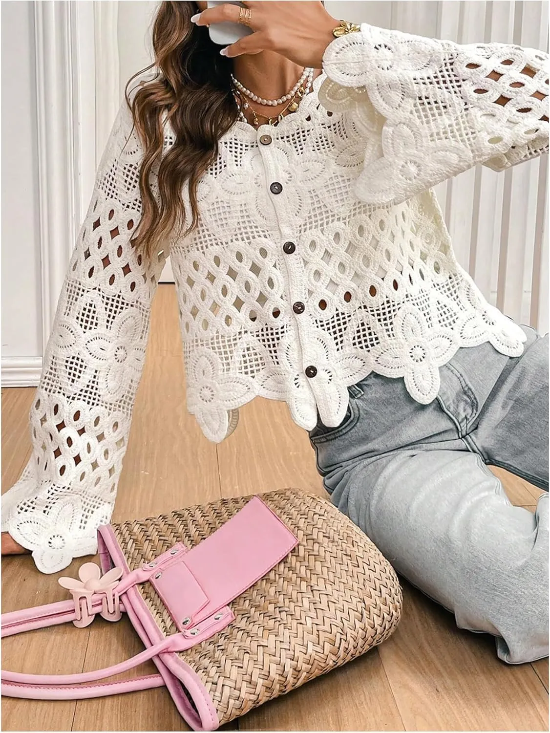 MakeMeChic Women's Floral Hollow Out Button Down Cardigan Bell Sleeve Crew Neck Sweaters