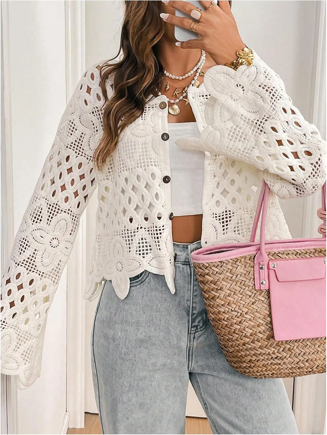 MakeMeChic Women's Floral Hollow Out Button Down Cardigan Bell Sleeve Crew Neck Sweaters