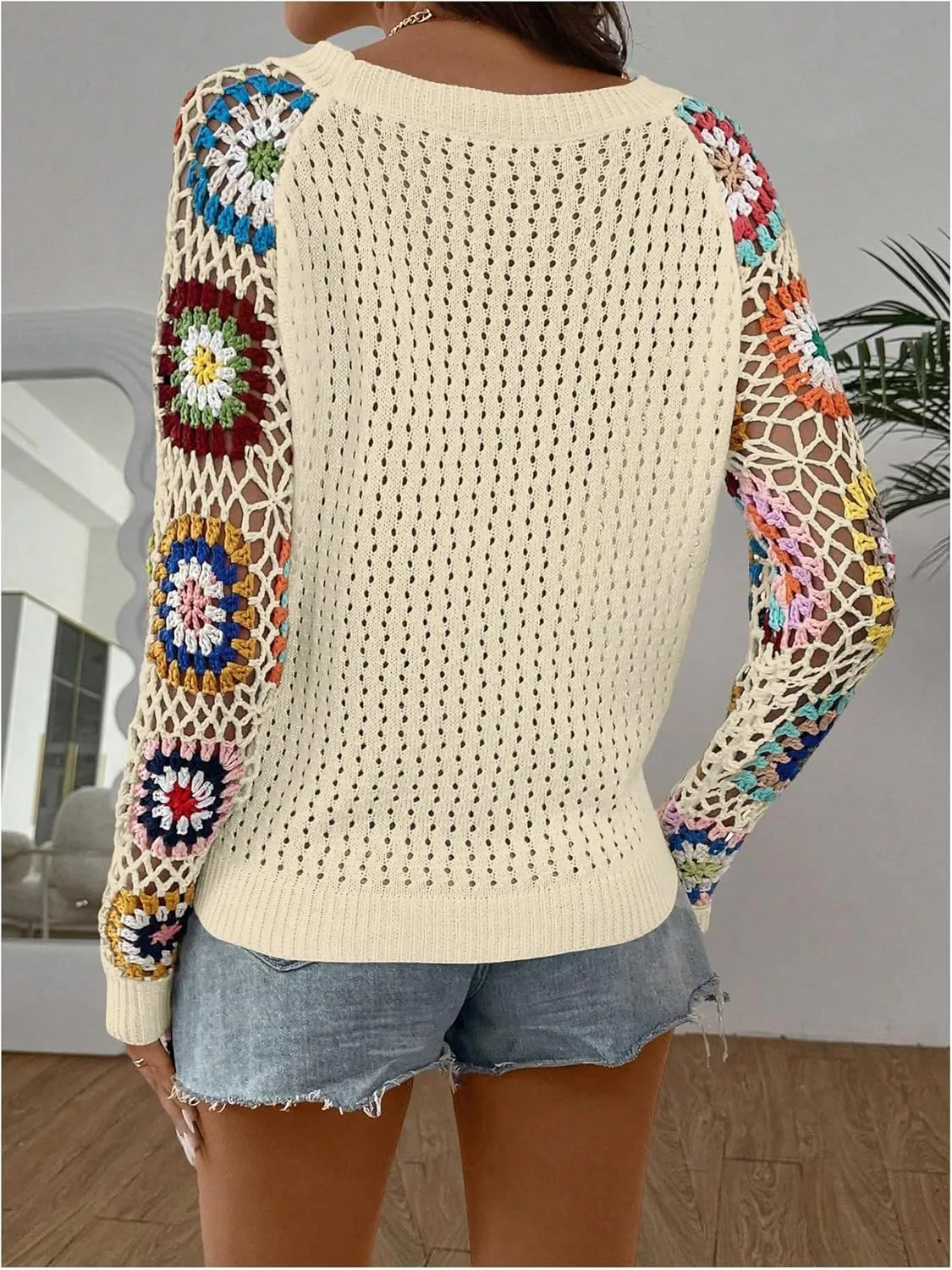 MakeMeChic Women's Floral Long Sleeve Crochet Sweaters Round Neck Hollow Out Knit Tops