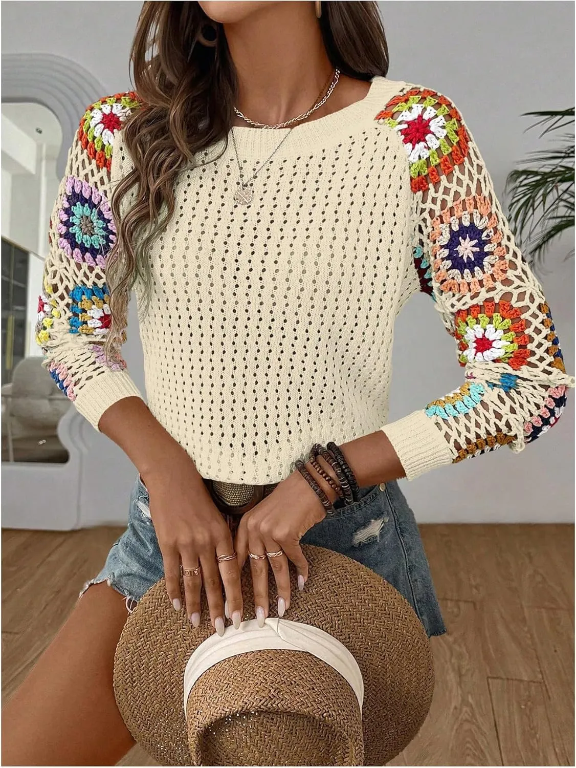 MakeMeChic Women's Floral Long Sleeve Crochet Sweaters Round Neck Hollow Out Knit Tops