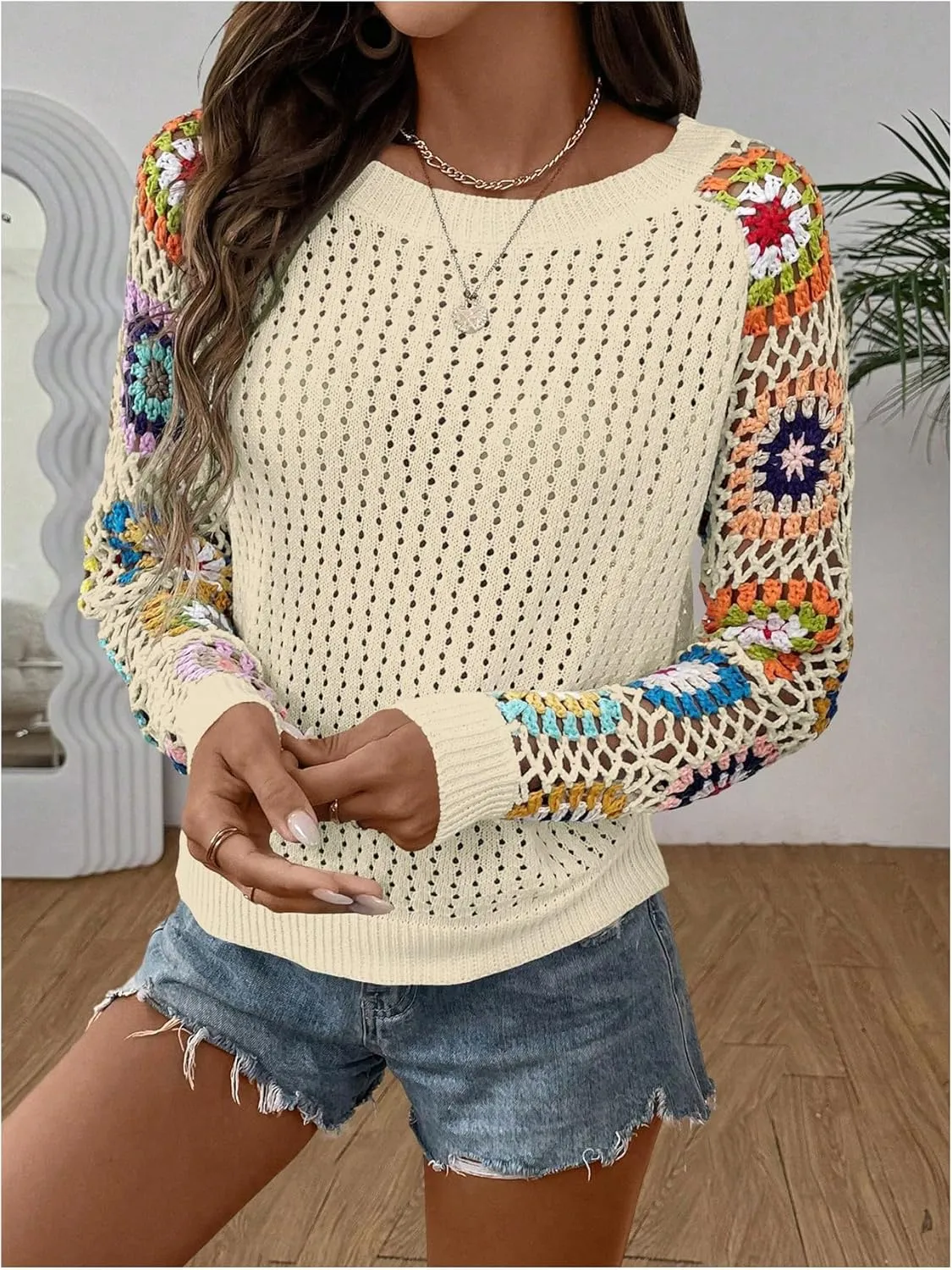 MakeMeChic Women's Floral Long Sleeve Crochet Sweaters Round Neck Hollow Out Knit Tops