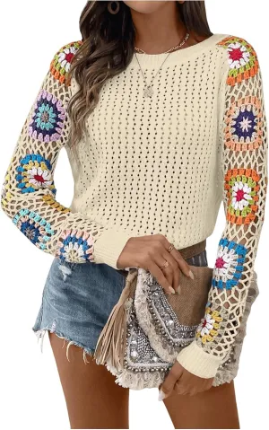 MakeMeChic Women's Floral Long Sleeve Crochet Sweaters Round Neck Hollow Out Knit Tops