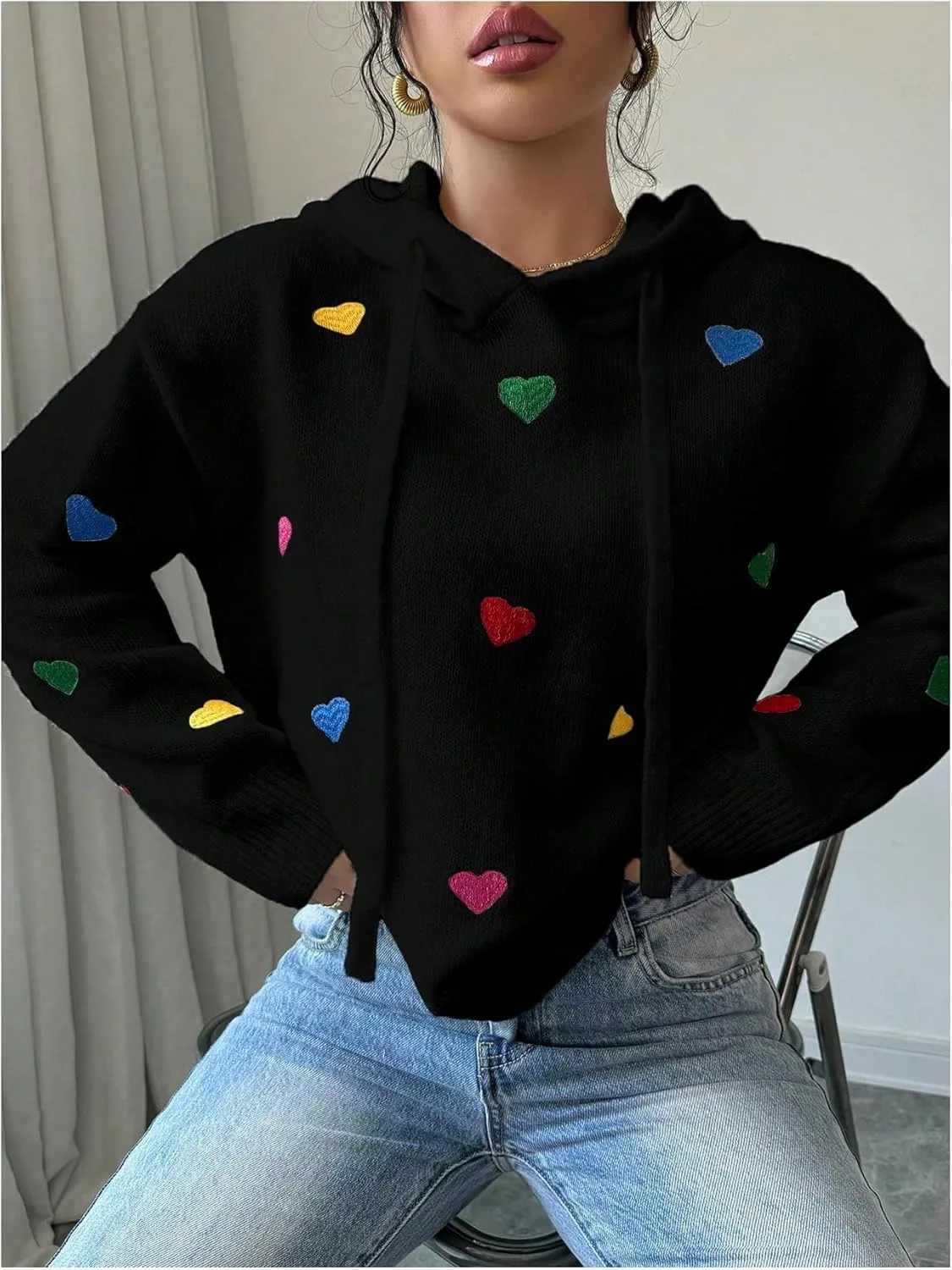 MakeMeChic Women's Heart Pattern Hooded Sweaters Drawstring Long Sleeve Knit Tops