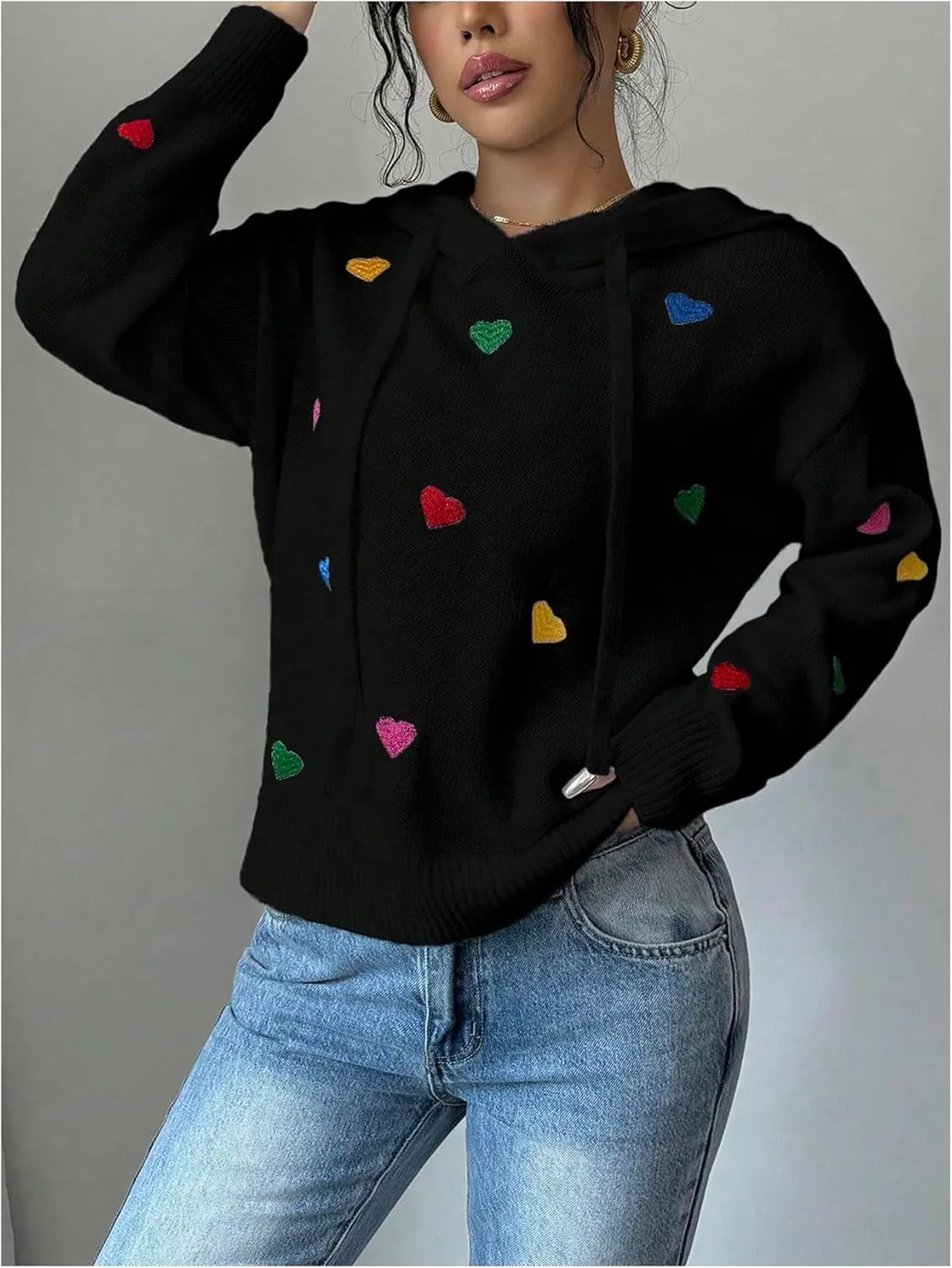 MakeMeChic Women's Heart Pattern Hooded Sweaters Drawstring Long Sleeve Knit Tops