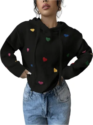 MakeMeChic Women's Heart Pattern Hooded Sweaters Drawstring Long Sleeve Knit Tops