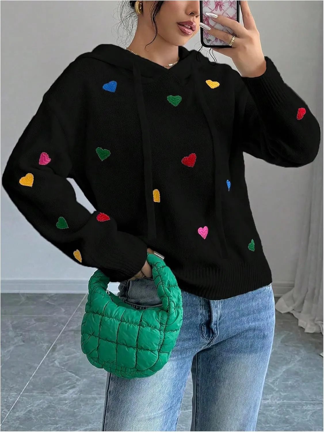 MakeMeChic Women's Heart Pattern Hooded Sweaters Drawstring Long Sleeve Knit Tops