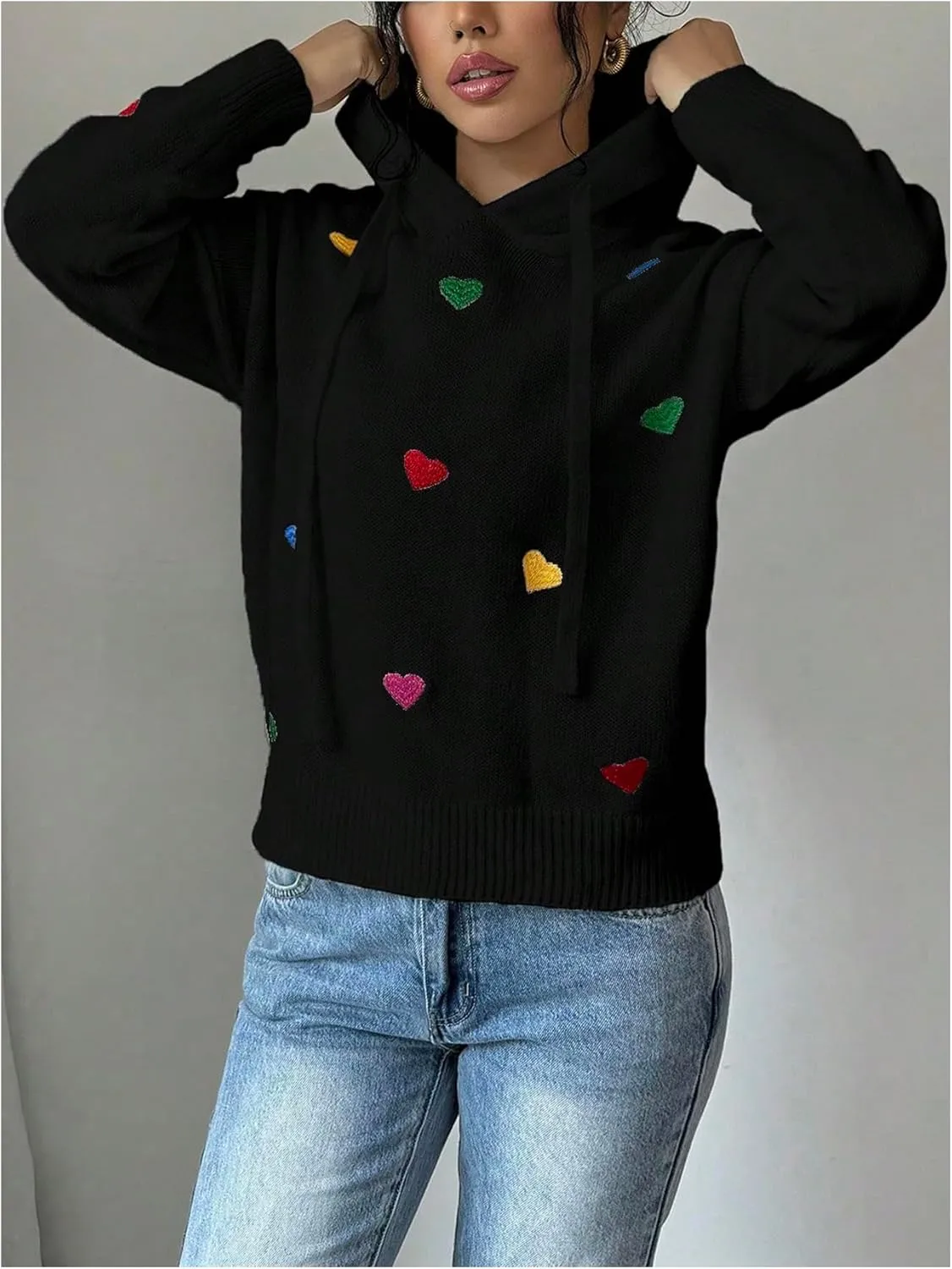 MakeMeChic Women's Heart Pattern Hooded Sweaters Drawstring Long Sleeve Knit Tops