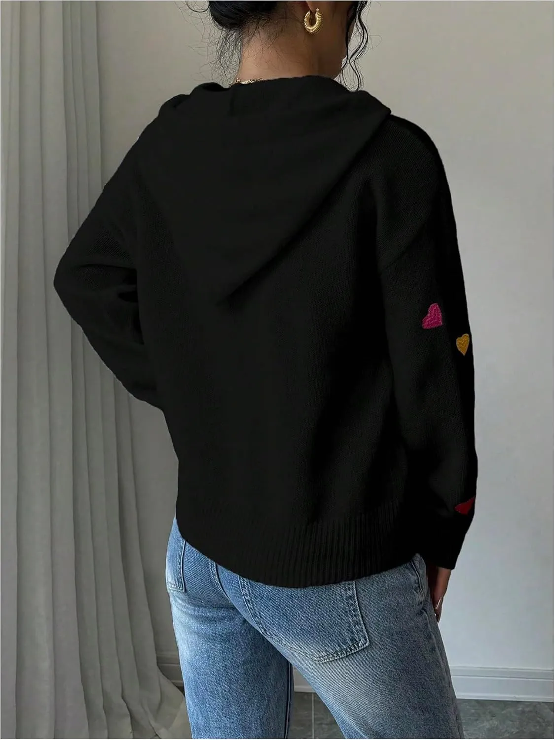MakeMeChic Women's Heart Pattern Hooded Sweaters Drawstring Long Sleeve Knit Tops