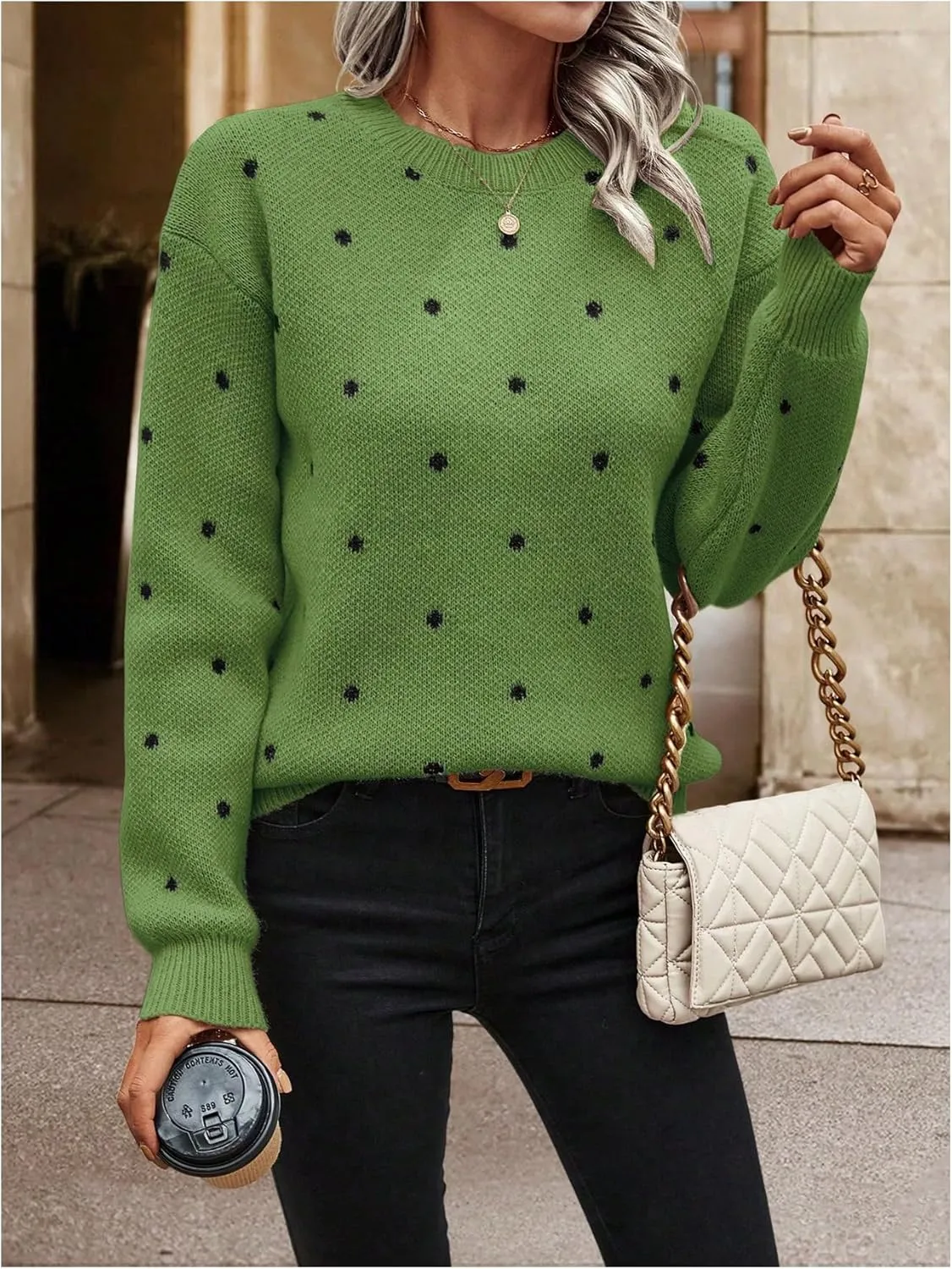MakeMeChic Women's Polka Dots Sweaters Long Sleeve Round Neck Knitted Pullover Tops