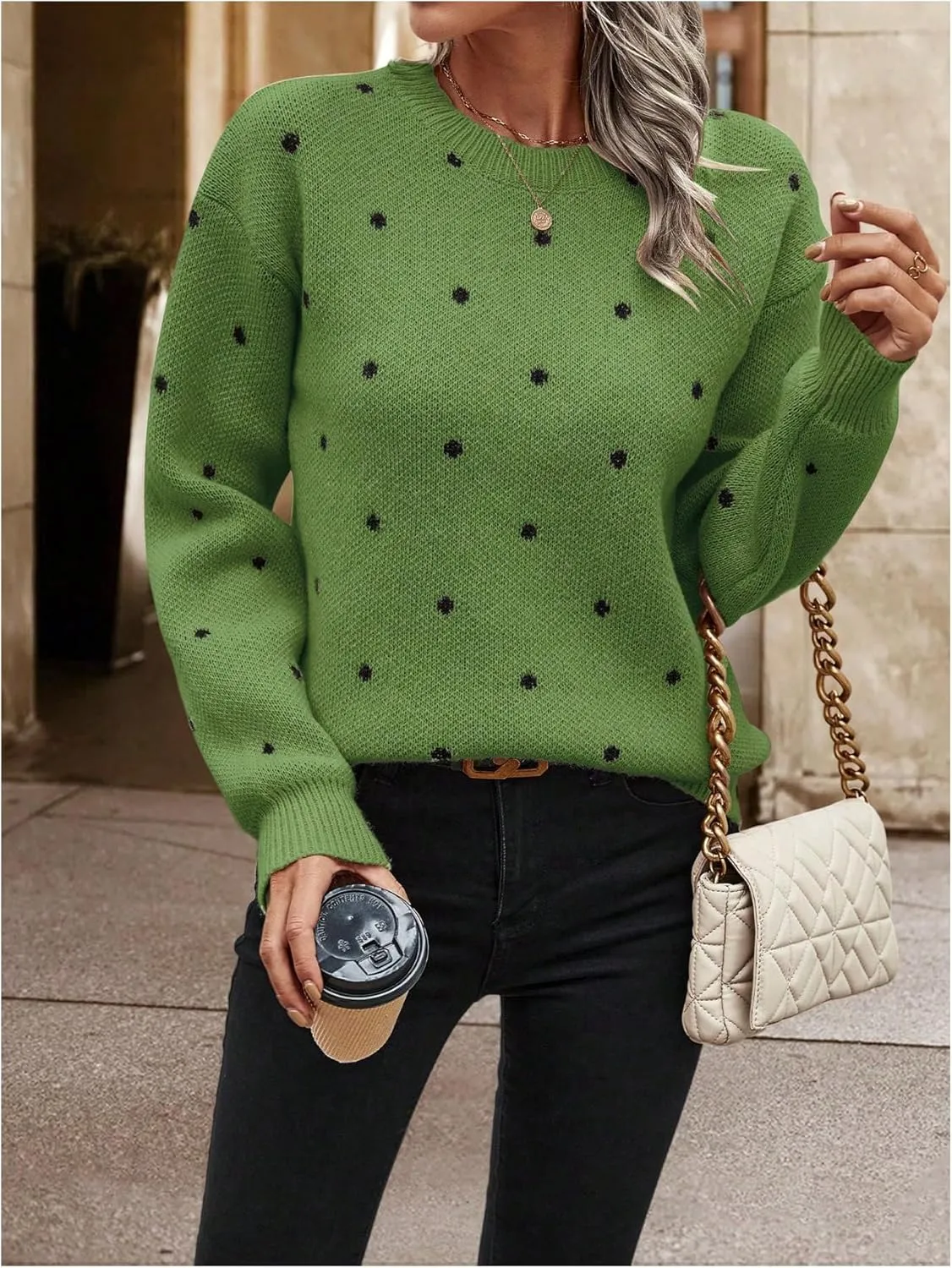 MakeMeChic Women's Polka Dots Sweaters Long Sleeve Round Neck Knitted Pullover Tops
