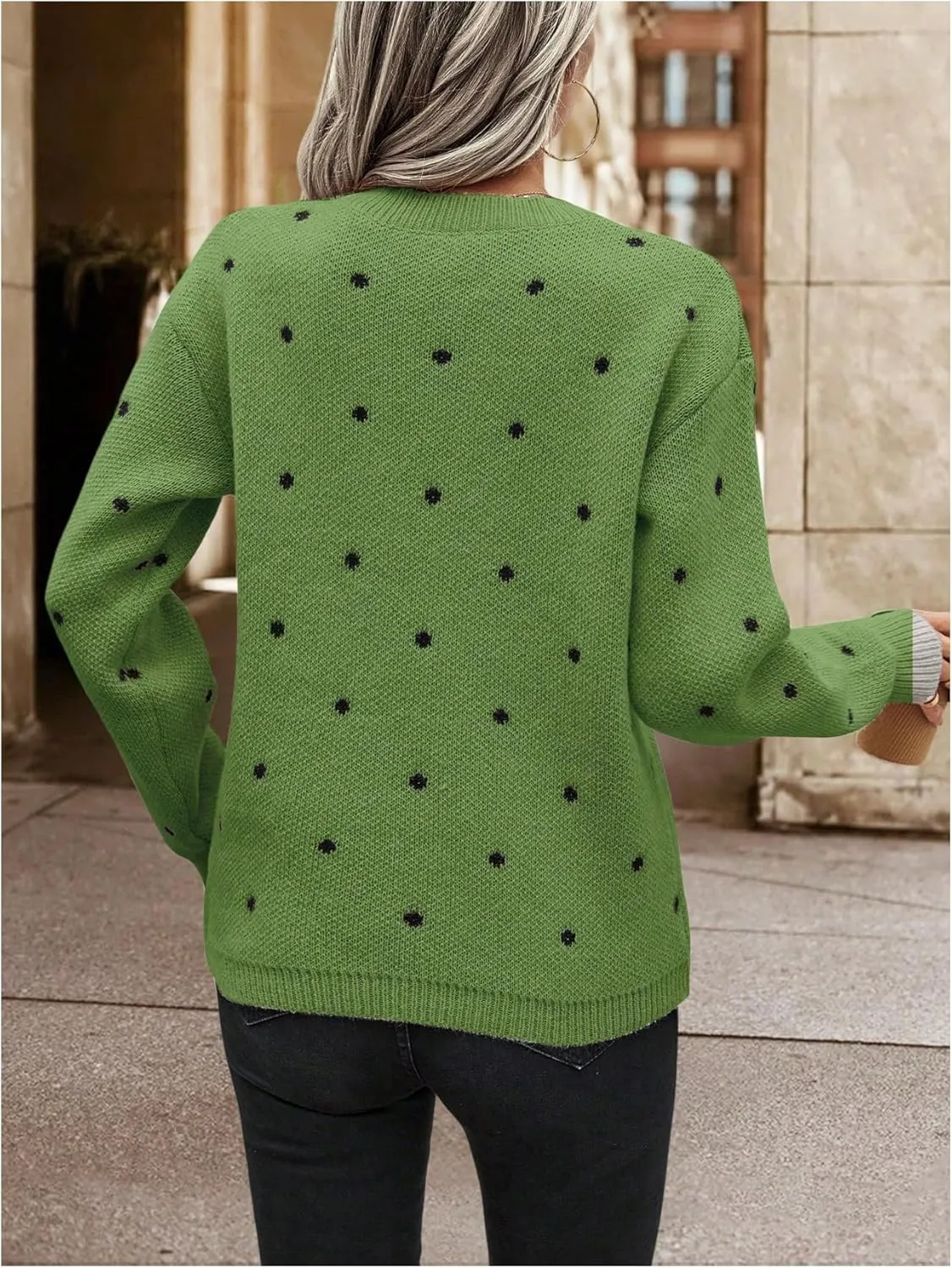 MakeMeChic Women's Polka Dots Sweaters Long Sleeve Round Neck Knitted Pullover Tops