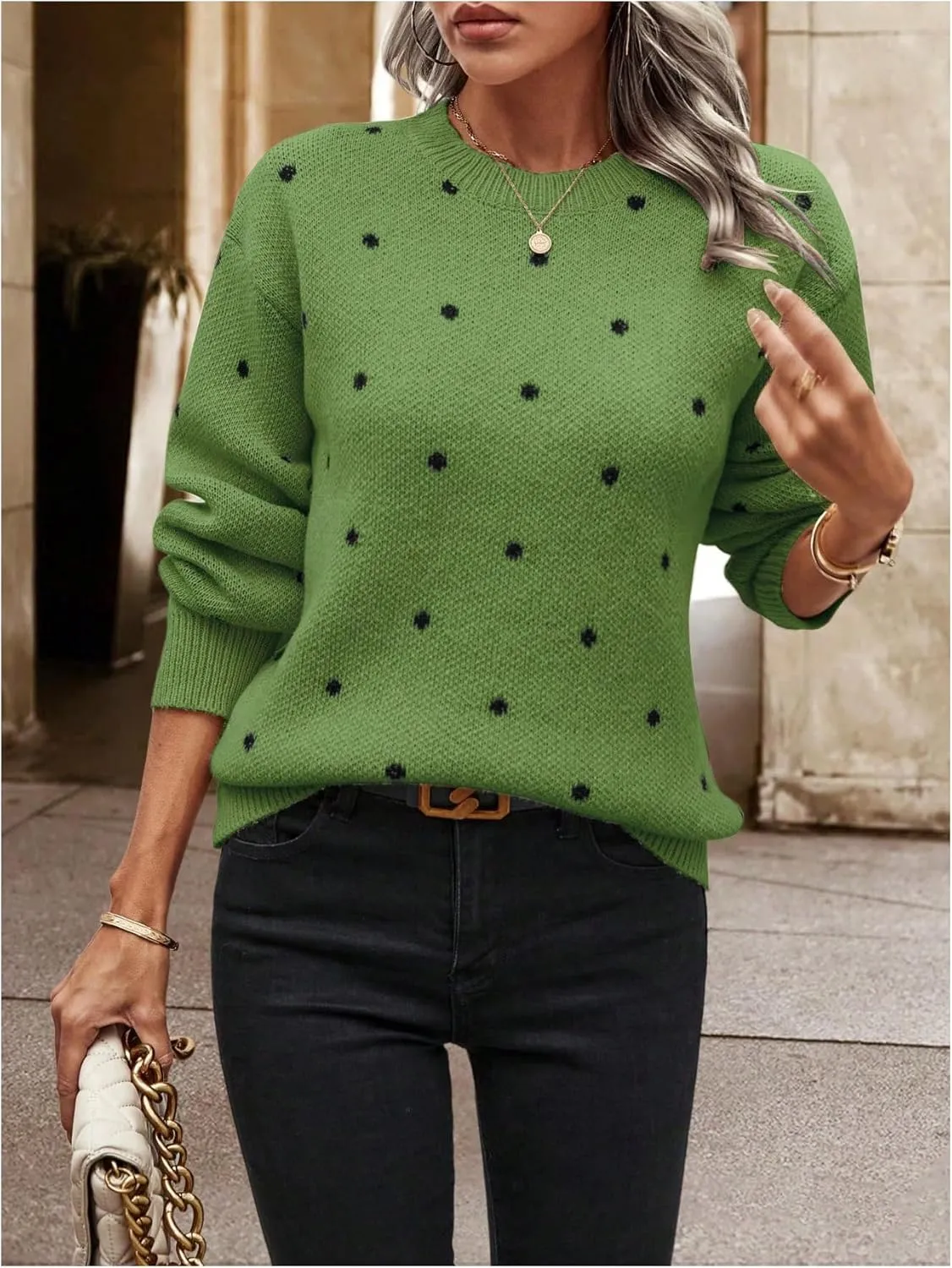 MakeMeChic Women's Polka Dots Sweaters Long Sleeve Round Neck Knitted Pullover Tops