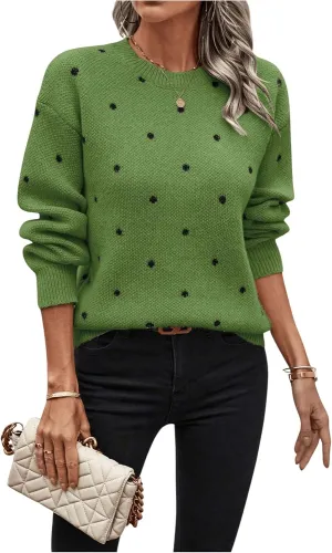 MakeMeChic Women's Polka Dots Sweaters Long Sleeve Round Neck Knitted Pullover Tops