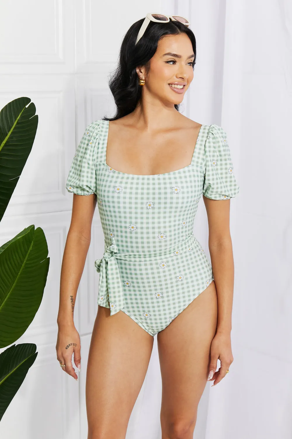 Marina West Swim Salty Air Puff Sleeve One-Piece in Sage - Ships from The US