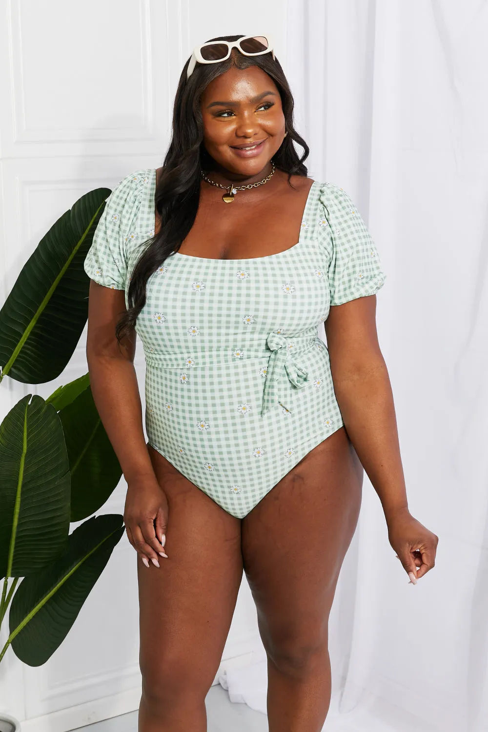 Marina West Swim Salty Air Puff Sleeve One-Piece in Sage - Ships from The US