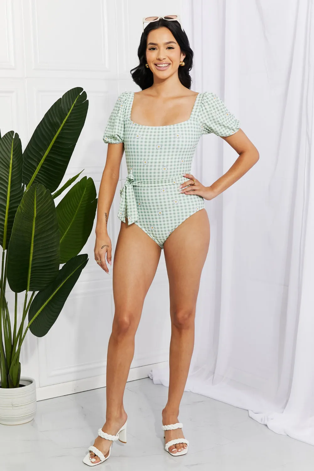 Marina West Swim Salty Air Puff Sleeve One-Piece in Sage - Ships from The US