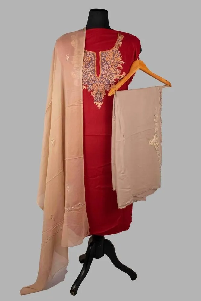 Maroon Color Rayon Cotton Sozni Work Unstitched Suit Fabric