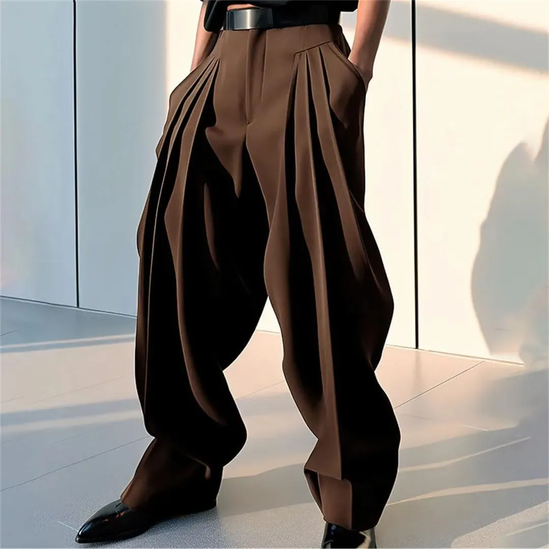 Men Harem Pants Solid Color Joggers High Waist Loose Streetwear Casual Pleated Trousers