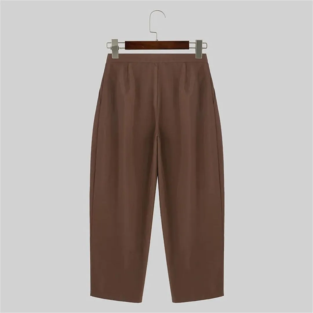 Men Harem Pants Solid Color Joggers High Waist Loose Streetwear Casual Pleated Trousers