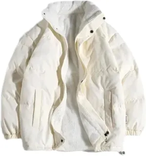 Men Stand Collar Zipper Button Cotton-Padded Jacket Outdoor Oversized Classic Plush Coat