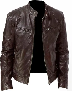 Mens Brando Biker Quilted Diamond Vintage Classic Motorcycle Distressed Leather Jacket