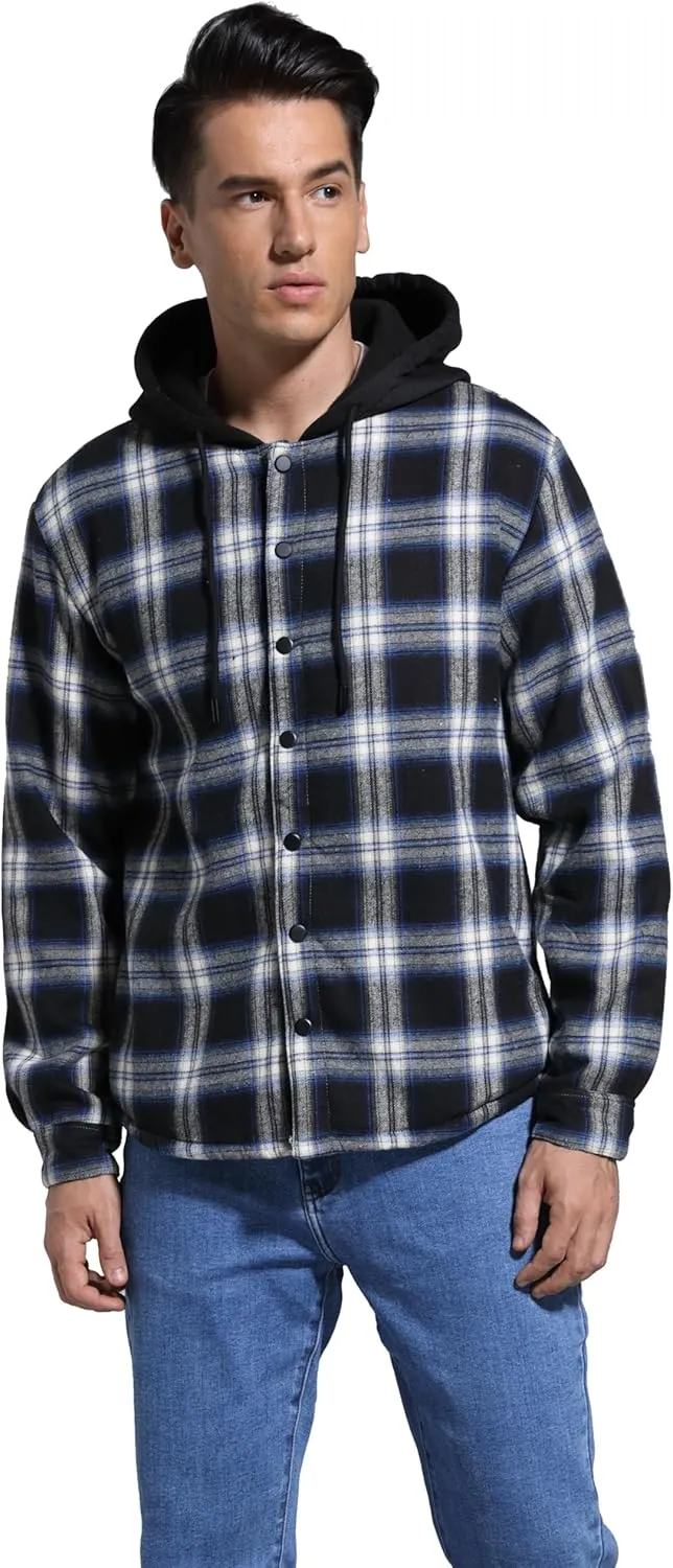 Men's Cotton Plaid Long Sleeve Shirts Jacket Fleece Lined Flannel Shirts Sherpa Button Down Coat with Hood