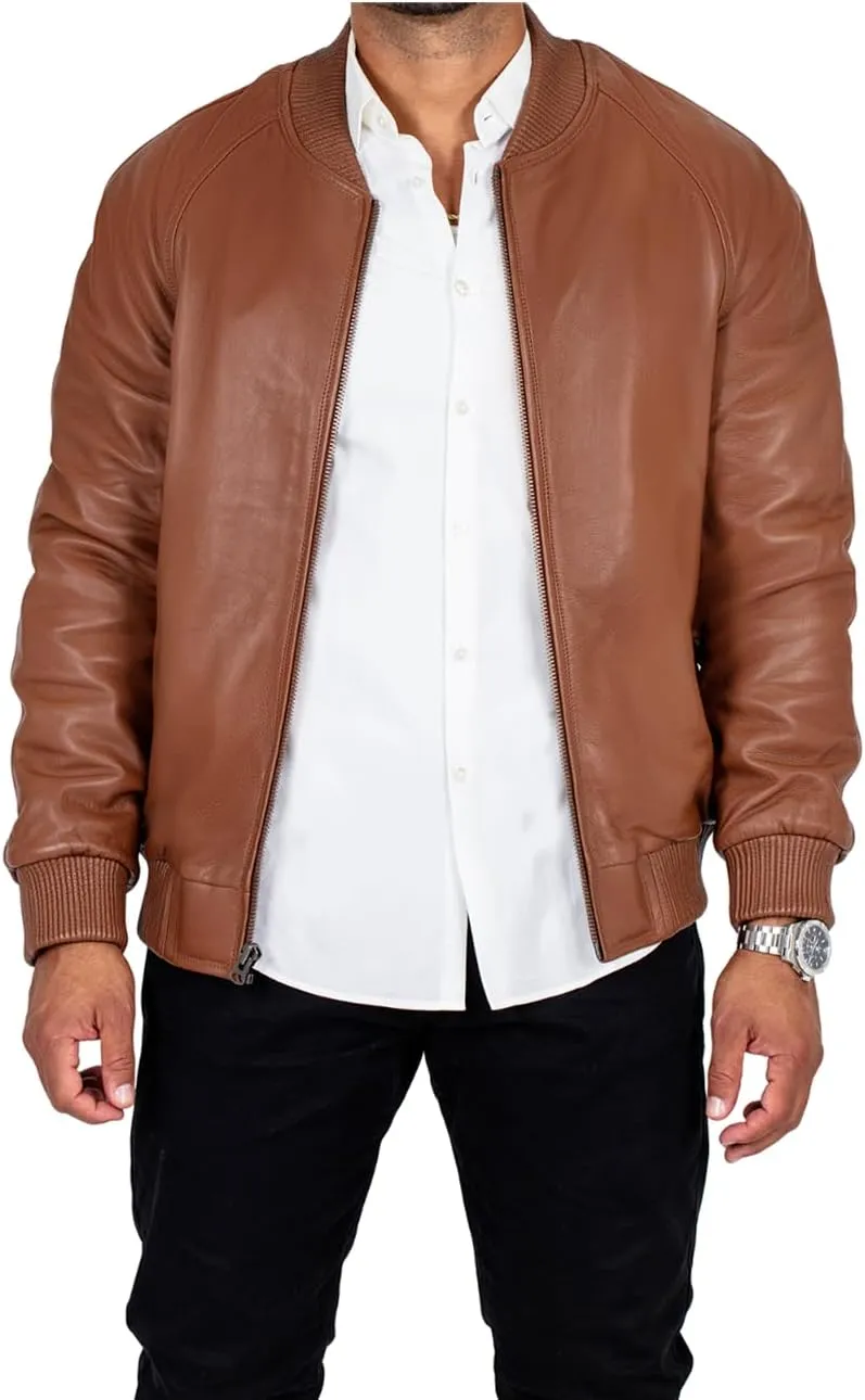Men's Genuine Lambskin Leather Brown Flight Bomber Jacket Knitted Rib Collar Hem Cuffs Casual Wear Biker Jacket