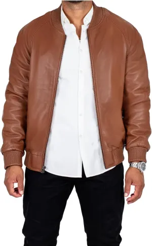 Men's Genuine Lambskin Leather Brown Flight Bomber Jacket Knitted Rib Collar Hem Cuffs Casual Wear Biker Jacket