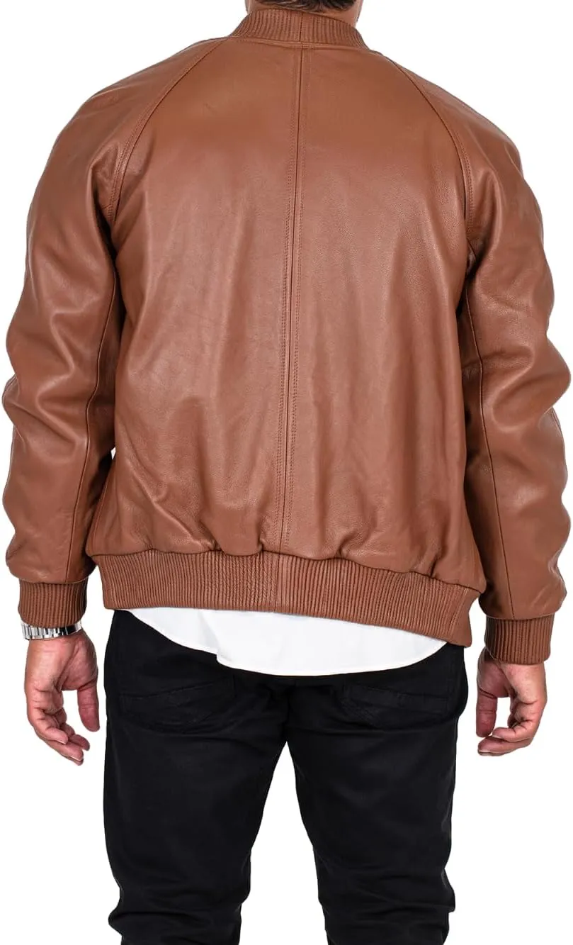 Men's Genuine Lambskin Leather Brown Flight Bomber Jacket Knitted Rib Collar Hem Cuffs Casual Wear Biker Jacket