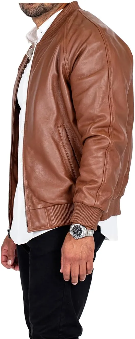 Men's Genuine Lambskin Leather Brown Flight Bomber Jacket Knitted Rib Collar Hem Cuffs Casual Wear Biker Jacket