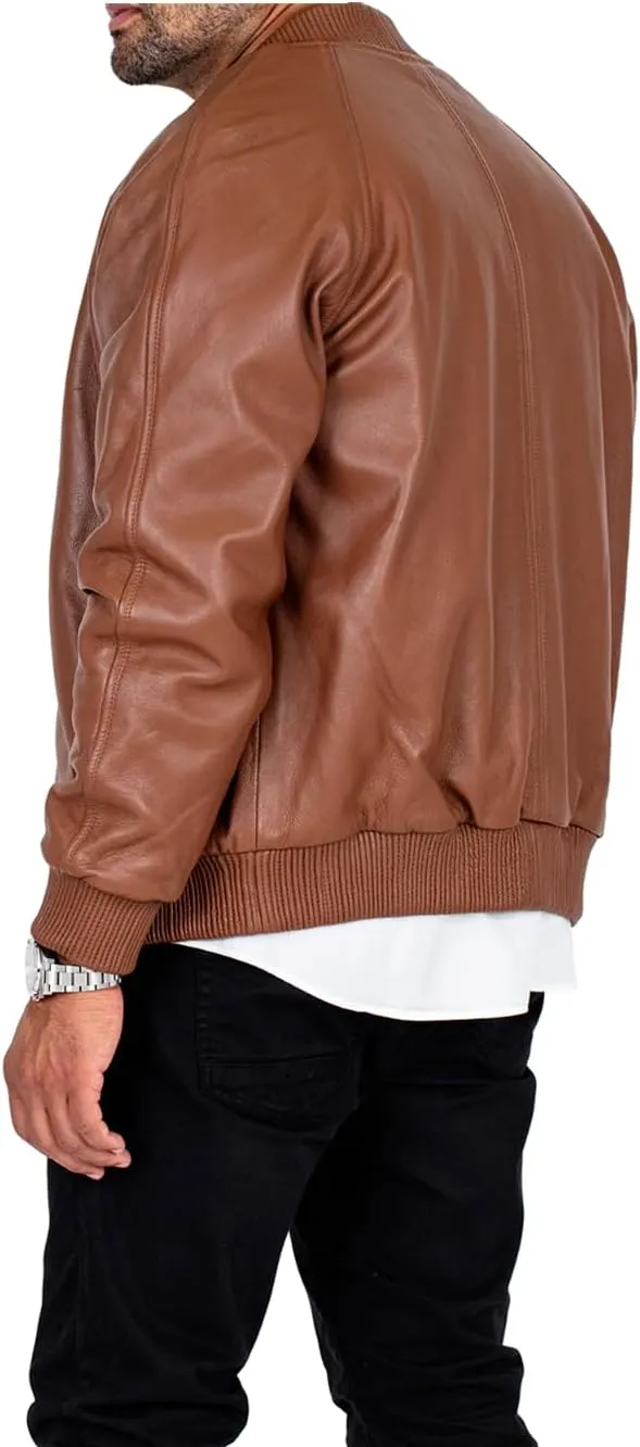 Men's Genuine Lambskin Leather Brown Flight Bomber Jacket Knitted Rib Collar Hem Cuffs Casual Wear Biker Jacket