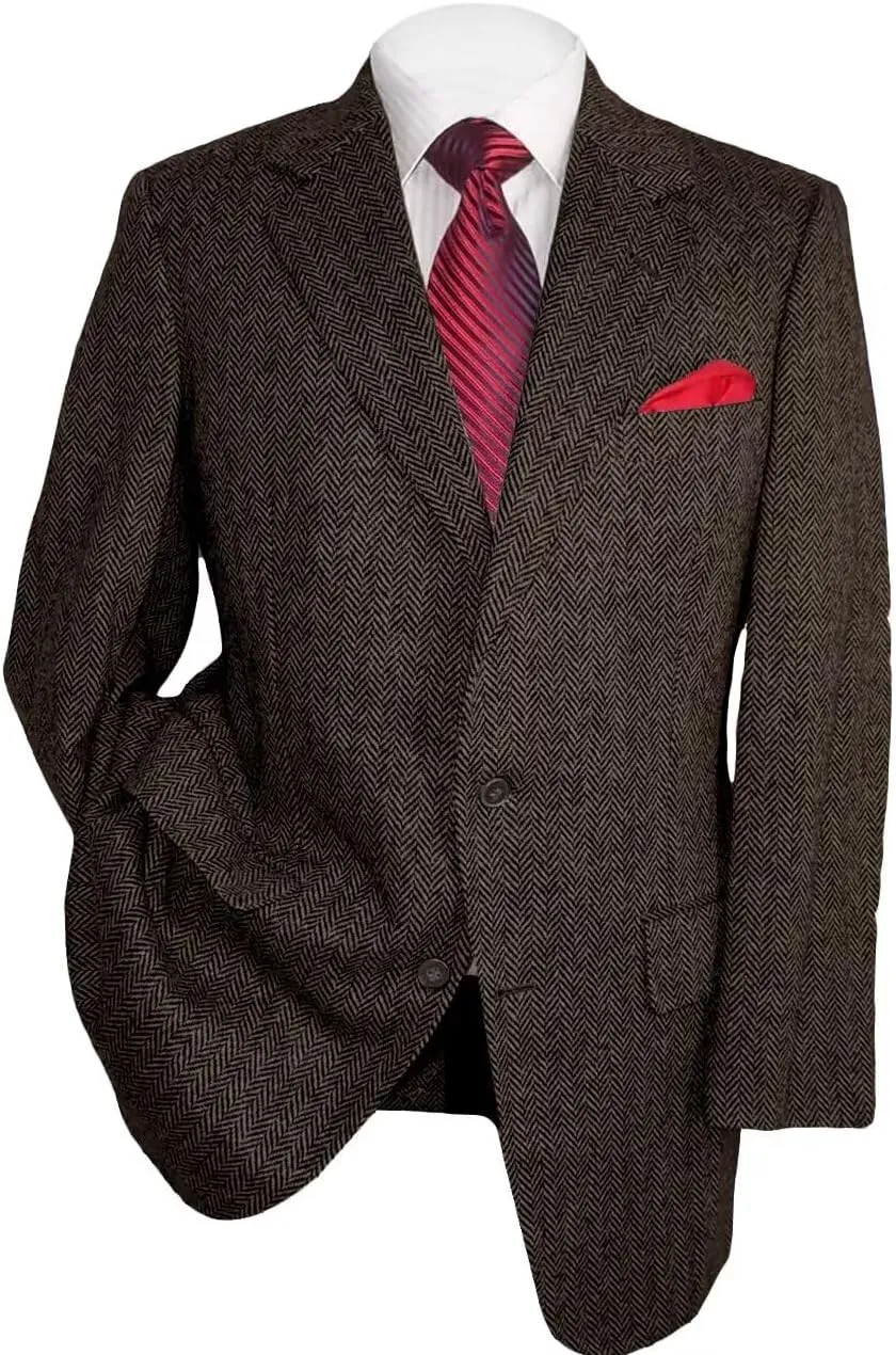 Mens Herringbone Tweed Blazer Men Vintage Suit Jacket Lightweight 2 Button Business Sport Coat Jackets