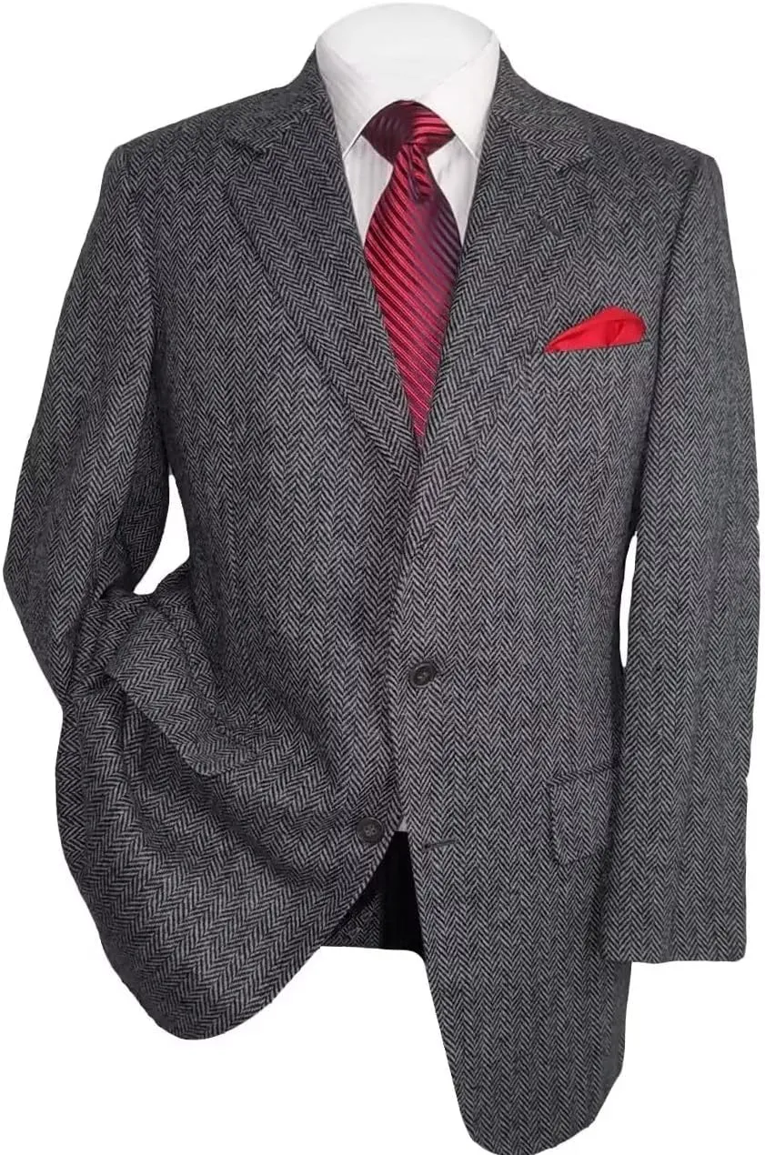 Mens Herringbone Tweed Blazer Men Vintage Suit Jacket Lightweight 2 Button Business Sport Coat Jackets