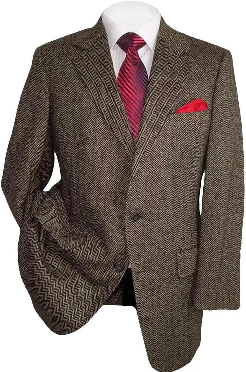 Mens Herringbone Tweed Blazer Men Vintage Suit Jacket Lightweight 2 Button Business Sport Coat Jackets
