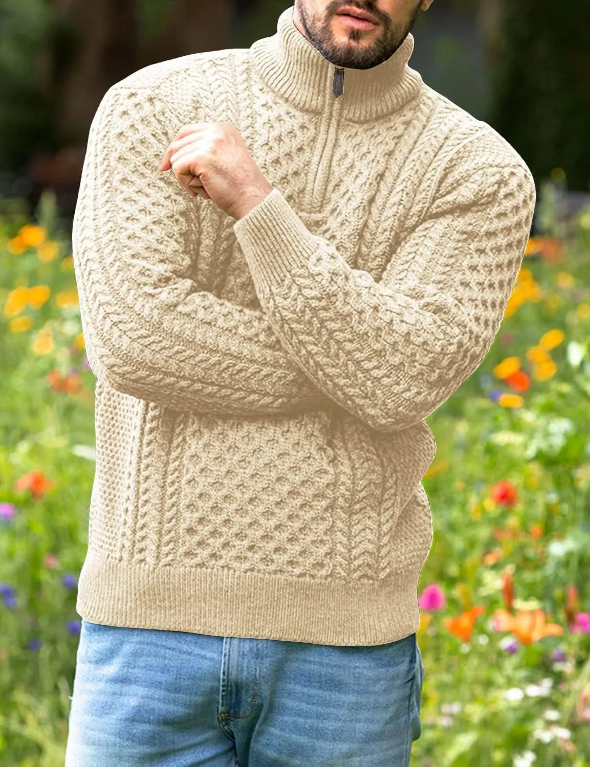 Men's Irish Fisherman Sweaters Cable Knit Half Zip Jacquard Pullover Sweater