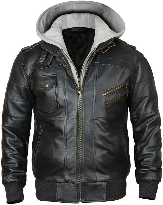 Mens Leather Winter Hooded Jackets for Men - Real Lambskin Waxed Brown Leather Jackets for Men With Removable Hood