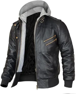 Mens Leather Winter Hooded Jackets for Men - Real Lambskin Waxed Brown Leather Jackets for Men With Removable Hood