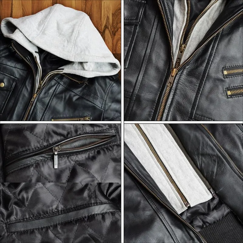 Mens Leather Winter Hooded Jackets for Men - Real Lambskin Waxed Brown Leather Jackets for Men With Removable Hood